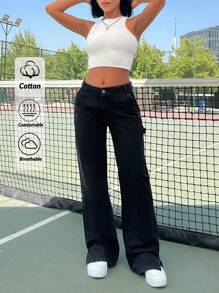 RueChic Women Wide Leg Low Waist Split Hem Jeans - Black - View 1