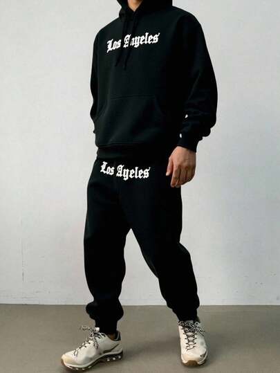 SHEIN Teen Boys' Tracksuit Letter Print Long Sleeve Hooded Sweatshirt With Pocket And Sweatpants Casual Outfit Hoodie And Sweatpants Set Street Hip Hop Fall Autumn And Winter Clothes Trackpants Los Angeles Sweatsuit Los Angeles Hoodie