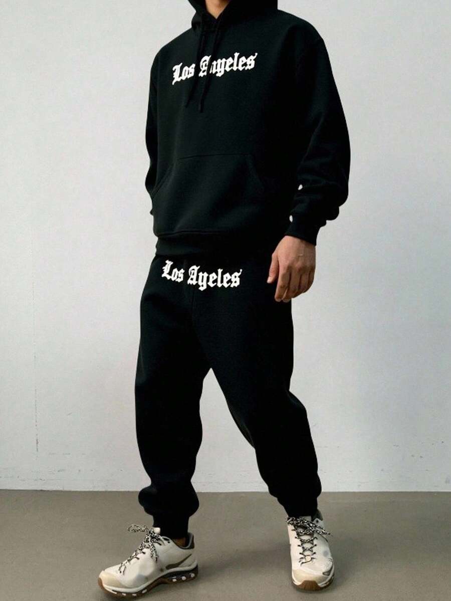 SHEIN 青少年男孩字母印花长袖连帽运动衫（带口袋）和运动裤休闲装 - 黑色 - 查看 1