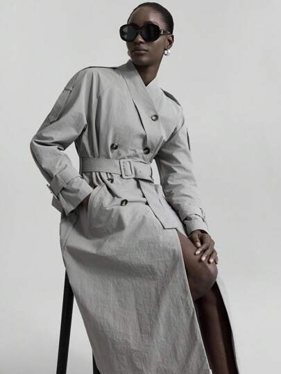 Ontre Urban Chic Style Women Jacket, Women Long Sleeve Trench Coat, Gray Color, Long Length, Loose Fit, Collared Neck, Back Vent, Cinched Waist, Waist Cinched, Real Pockets, Casual, Autumn Outerwear, Work Wear Modern Urban Casual Fashion Business Casual Women's Office Wear Low-Key Old Money Style Effortless Temperament High-End Urban Commuting High-Quality Airport Women's Wear High-End Material Street Style, Sophisticated, Simple And Cool