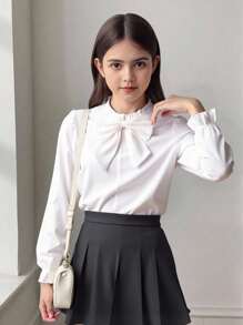 SHEIN 青少年女孩休闲可爱通勤蝴蝶结荷叶边袖衬衫，带可拆卸蝴蝶结，返校，白衬衫，学院风，学校，秋季 - 白色 - 查看 1