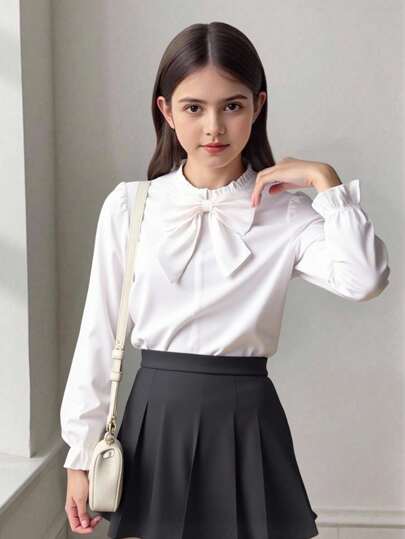 SHEIN 青少年女孩休闲可爱通勤蝴蝶结荷叶边袖衬衫，带可拆卸蝴蝶结，返校，白衬衫，学院风，学校，秋季