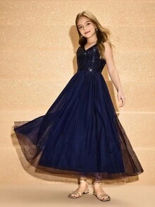 青少年女孩 V 领细肩带亮片撞色网眼腰连衣裙，优雅适合舞会、派对、学校开学典礼 - 藍色 - 查看 1