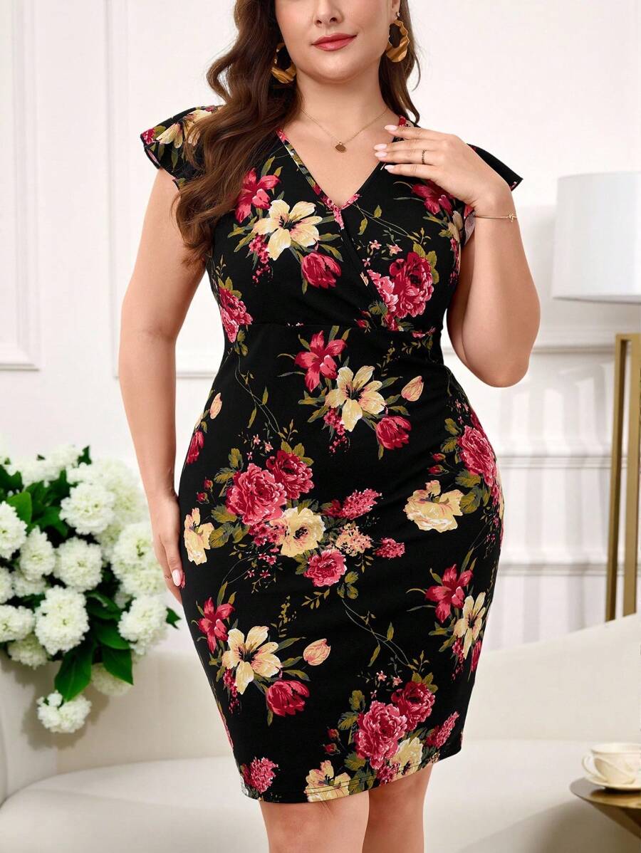 Reflora Vestido con estampado floral y ribete de volantes para mujer de talla grande para vacaciones - Multicolor - Ver 1