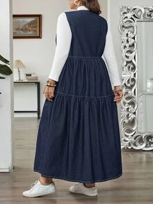 SHEIN CURVE+ 大码女式休闲宽松无袖牛仔连衣裙 - 藍色 - 查看 2