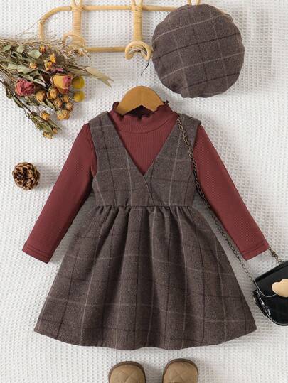 SHEIN 3 件套女婴荷叶边领长袖 T 恤连衣裙 + 配套帽子套装，简约格子设计服装，春秋