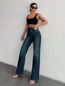 EURMUSE 99%Cotton Zipper Fly Straight Leg Jeans - Dark Wash - View 5