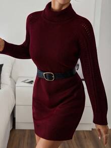 EURMUSE 深酒红色立领修身麻花袖针织毛衣裙 - 酒紅色 - 查看 5