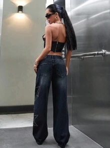 SHEIN Cottnline Low Waist Diamond Detailed Straight Jean - Black - View 2