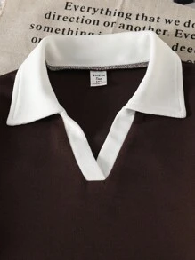 Sparklyn 少女T恤套装，年轻女士时尚灰色服装，白色领口拼接和弧形下摆，搭配裤子，休闲简约 - 棕色 - 查看 6