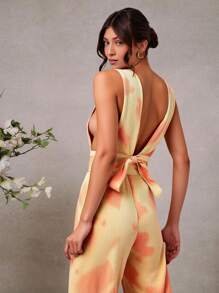 L'Amorae 优雅褶皱印花深V阔腿连体裤，女士婚礼服装，女士夏季服装 - 橘色 - 查看 3