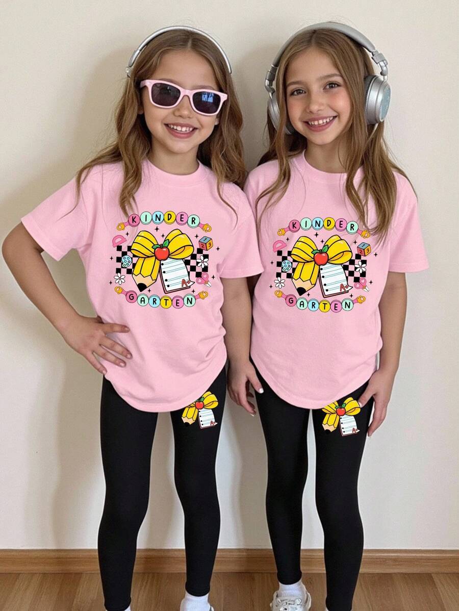 SHEIN 返校少女时尚休闲豹纹樱桃字母图案圆领短袖T恤豹纹打底裤套装个性街头套装夏秋装 - 彩色 - 查看 1