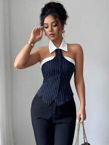 Selianne Women's Fashion Black & White Striped Halter Backless Blouse - Navy Blue - View 5