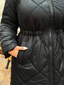 SHEIN EZwear 2025 Autumn/Winter New Casual Hooded Quilted Padded Mid-Length Cotton Jacket, Cinched Waist, Versatile For Outings, Daily, Party, Date, Holiday, Black, Plus Size - Black - View 6