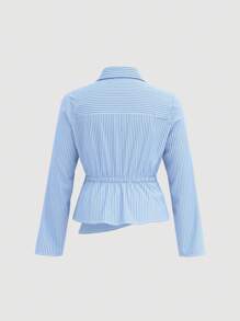 SHEIN MOD Blusa de mujer de talla grande con cuello vuelto, de manga larga y estampado de rayas azules y blancas, para uso casual en el trabajo, estilo de los 90, otoño, regreso a clases, blusas de mujer, blusas para salir, camisa de manga larga, blusas de trabajo para mujer, casual para la oficina