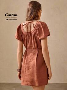 Wildy Women's 100 Percent Cotton Comfortable Casual Brick Red Button Front Short Dress Women's Elegant Jacquard Mini Dress, Summer Red DressWomen Brunch Dress Daisy Dress Women Back To School Night Out/Going Out Back To School Going Out Outfits Teacher Outfits Cream Dress Bubble Skirt - Redwood - View 1