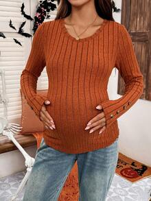 SHEIN قميص كاجوال للحوامل بلون أحادي ضيق بأكمام طويلة، خريفي - لون برتقالي - مشاهدة 5