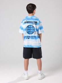 SUMWON Studios Los Angeles T-Shirt California Streetwear Tie Dye Pattern Summer Holiday Casual Tee Youth Urban Fashion Globe Logo Design - Blue - View 1