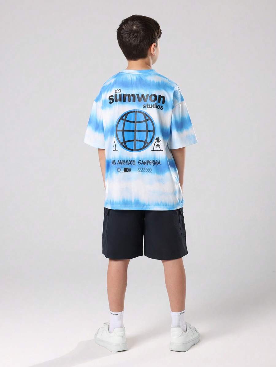 SUMWON Studios Los Angeles T-Shirt California Streetwear Tie Dye Pattern Summer Holiday Casual Tee Youth Urban Fashion Globe Logo Design - Blue - View 1