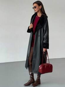 Aloruh Veste de mode régulière en PU à manches longues avec col  patchwork pour l'automne/l'hiver pour femmes - Noir - Voir 4