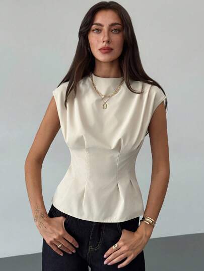 Aloruh Women's Solid Color Round Neck Puff Sleeve Pleated Waist Fashionable Blouse Fall Clothes Fall Clothes For Women All Outfits Women  Fall Outfits For Women Fall Outfits Autumn Clothes Women's Fall Clothes Teacher Outfits For Women  Teacher  Teacher Outfits  Teacher Clothes Business Casual Woman  Business Casual Outfits Women Business Casual  Business Casual Women  Teacher Shirts  Simple And Elegant Slim Apricot Shirt For Office Commuting,Elegant Women's Blouses,Chic Blouses For Women