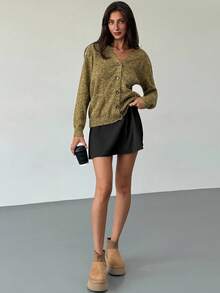 Aloruh Nouveau cardigan femme d'automne/hiver à col en V, à simple boutonnage, style mou. Tricot à manches longues, motif vintage à pois verts sur maille douce - Vert - Voir 7