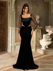 Aureia Elegant Luxurious Beaded & Sequin Splice Elastic Velvet Sheer Long Sleeve Ruched Mermaid Maxi Dress With Train, Suitable For Wedding, Party, Prom, Vacation, Formal Gown (Heavy Embellished), Black