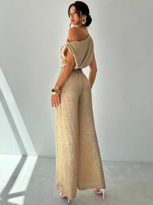 Firerie 女士不对称露肩宽松镀金无袖上衣和松紧腰阔腿裤套装，适合约会、派对、通勤、音乐节、毕业典礼、教师装、正式场合 - 金色 - 查看 8