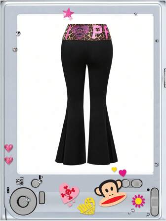 Paul Frank X ROMWE Plus Size Y2K Sexy Leopard Print & Rhinestone Letter Design Flare Pants