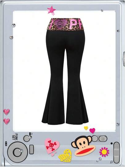 Paul Frank X ROMWE Plus Size Y2K Sexy Leopard Print & Rhinestone Letter Design Flare Pants