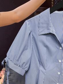 SHEIN LUNE Plus Size Blue & White Striped Commuter Printed Unique Collar Shirt