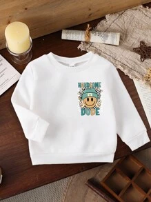男童休闲可爱趣味棋盘格笑脸和“HANDSOME DUDE”字母印花圆领基本款卫衣，秋冬男童运动上衣 - 白色 - 查看 2