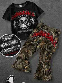 SHEIN Bolty 2pcs Kids Camo Outfit,Boys Real Tree Camo Clothes Set,Graphic Tee And Cargo Pants,Summer Career Day Back-To-School Casual Short Sleeve Knit Set - Multicolor - View 1