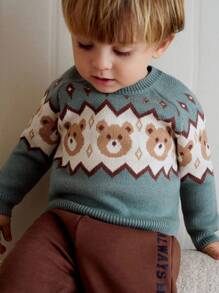 Cozy Pixies 男婴小熊几何图案圆领长袖套头毛衣，厚实柔软舒适休闲百搭 - 綠色 - 查看 9