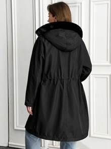 EURMUSE Parka d'hiver avec capuche bordée de fausse fourrure, col montant, poches zippées multiples, taille ajustable et fermeture à boutons-pression devant. Vêtement d'extérieur chaud et pratique - Noir - Voir 2