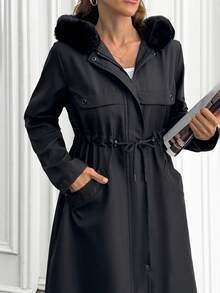 EURMUSE 长款人造毛领纽扣开合外套，时尚温暖的冬季外套，限量版系列 - 黑色 - 查看 6