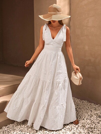EURMUSE Elegant, Casual, Eyelet Embrodery, Maxi Dress, Romatntic, Lace Up Strap Dress