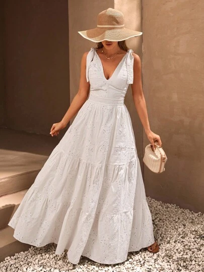 EURMUSE Elegant, Casual, Eyelet Embrodery, Maxi Dress, Romatntic, Lace Up Strap Dress