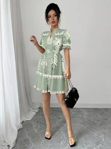 Elenzga Damen Lässig Kleid mit Blume Muster, V-Ausschnitt und Taillenbindung