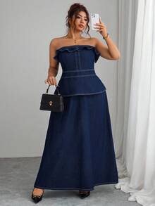 Elenzga Váy denim ống đứng màu xanh navy thanh lịch, không co giãn, mặc đi nghỉ thường ngày cho phụ nữ ngoại cỡ - Rửa tối - Xem 4