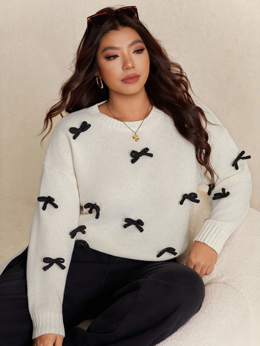 Elaquor Plus Size Women Casual Bow Decor Sweater, Autumn/Winter Fall