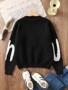 Teen Boy Long Sleeve Sweater, Letter Jacquard Black & White