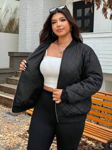 SHEIN EZwear Plus Size Women Casual Solid Color Jacket For Autumn/Winter,Fall,Back To School,Warm,Zip Up - Black - View 10