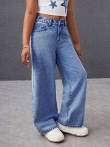 SHEIN Tween-Mädchen Y2K Leicht verwaschene Baggy-Denim-Hose mit geradem Bein und süßer Tasche mit Schleifenmuster, Boho-Urlaub im Sommer, lässige Rave-Outfits für Sommerkonzertfestivals, Outfits für Sommerbrunch und Kirchenabschluss - Mittele Waschung - Übersicht 5