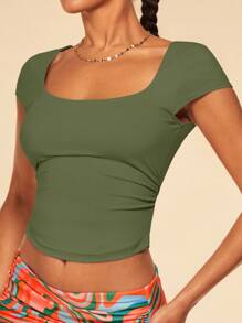 SHEIN BAE Square Neck Ruched Side Crop Tee - Army Green - View 1