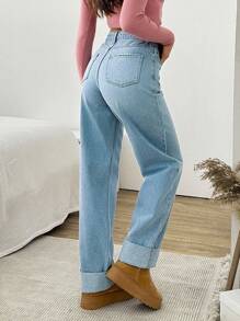 EURMUSE HIGH RISE STRAIGHT FOLDED UP HEM JEAN - Light Wash - View 2