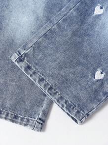 Young Girls Y2K Style New Fashion Loose Fit Heart Embroidered Washed Light Blue Straight Wide Leg Jeans, Casual Daily Versatile Girls Denim Pants - Light Wash - View 7