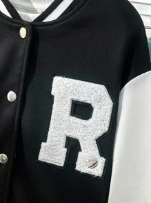 Tween Girl Letter Patched Striped Trim Drop Shoulder Varsity Jacket - Black and White - View 4