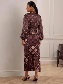 Lilora Women's Elegant Dark Brown Printed Patchwork Lantern Sleeve Maxi Dress,Autumn Commuter Long Sleeve Fall Dresses For Dining - Multicolor - View 2