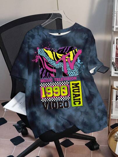 MTV | SHEIN Plus Size Loose Fit Tie-Dye Letter Graphic Short Sleeve T-Shirt, Comfortable Casual Summer